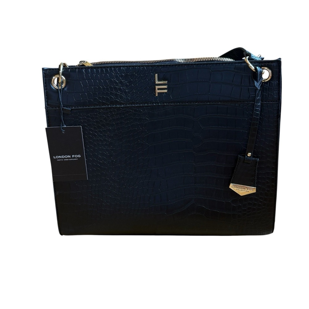 London Fog Satchel Bag Black Brielle Croco Gold Accents Purse